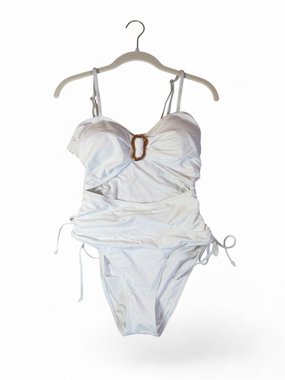 Amazon White One-Piece Swimsuit with Gold Accent